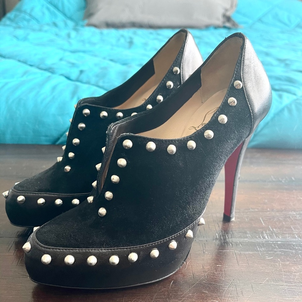 Christian Louboutin Black Studded Suede Platform Heels with Red Soles